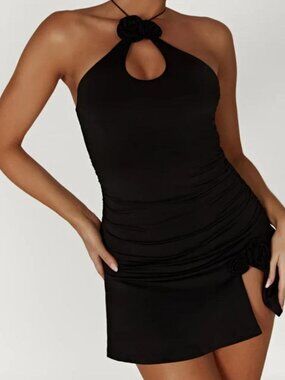 Meshki Black Halter Mini Dress with Rosette Detail